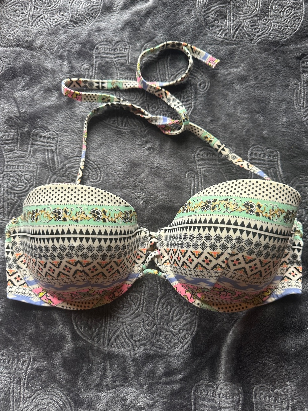 Patterned Bandeau Bikini Top with Halter Strap - Pastel Multi 32DD